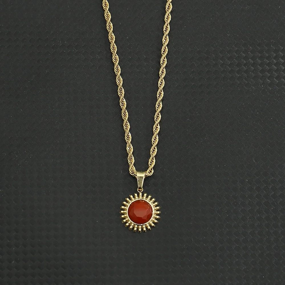 Sunflower Natural Stone Pendant Necklace 18K Gold color Stainless Steel Hip Hop