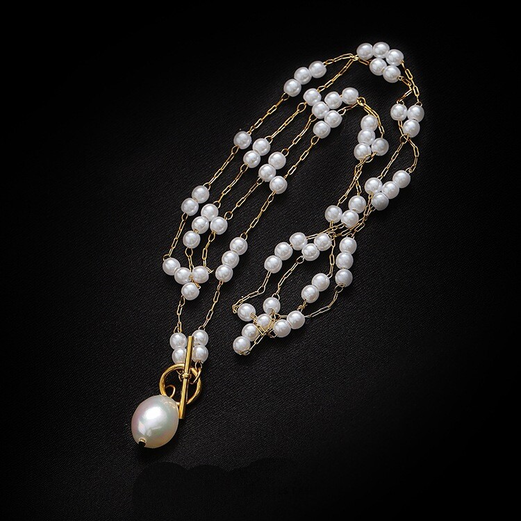 Woman 18K Gold Plated Pure Nature Freshwater Pearl Charm Chain Necklace Toggle