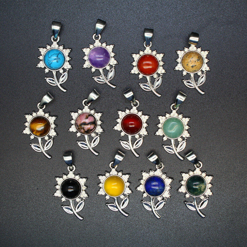 Unisex Adult Sunflower Round Natural Stone Pendant Crystal Necklace Jewelry