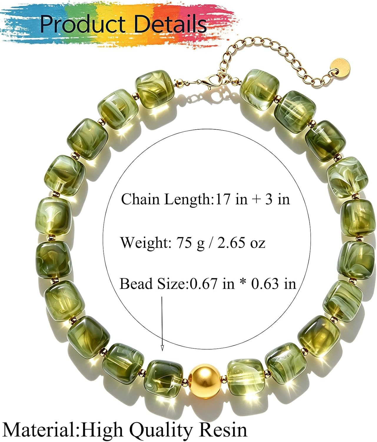 Chunky Beaded Necklace for Women Colorful Boho Large Square Resin Beaded Modern
