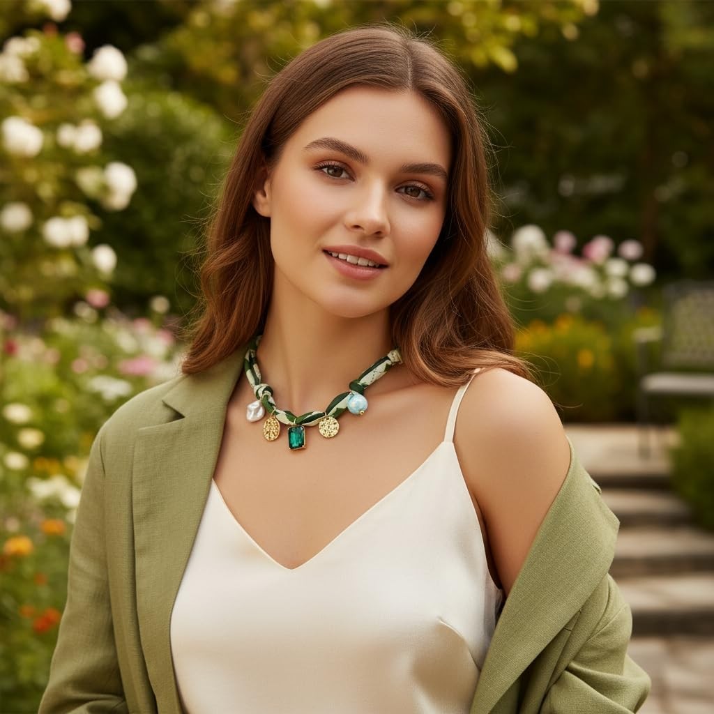 Scarf Bandana Necklace with Charm Colorful Silk Flower Crystal Medium, Green