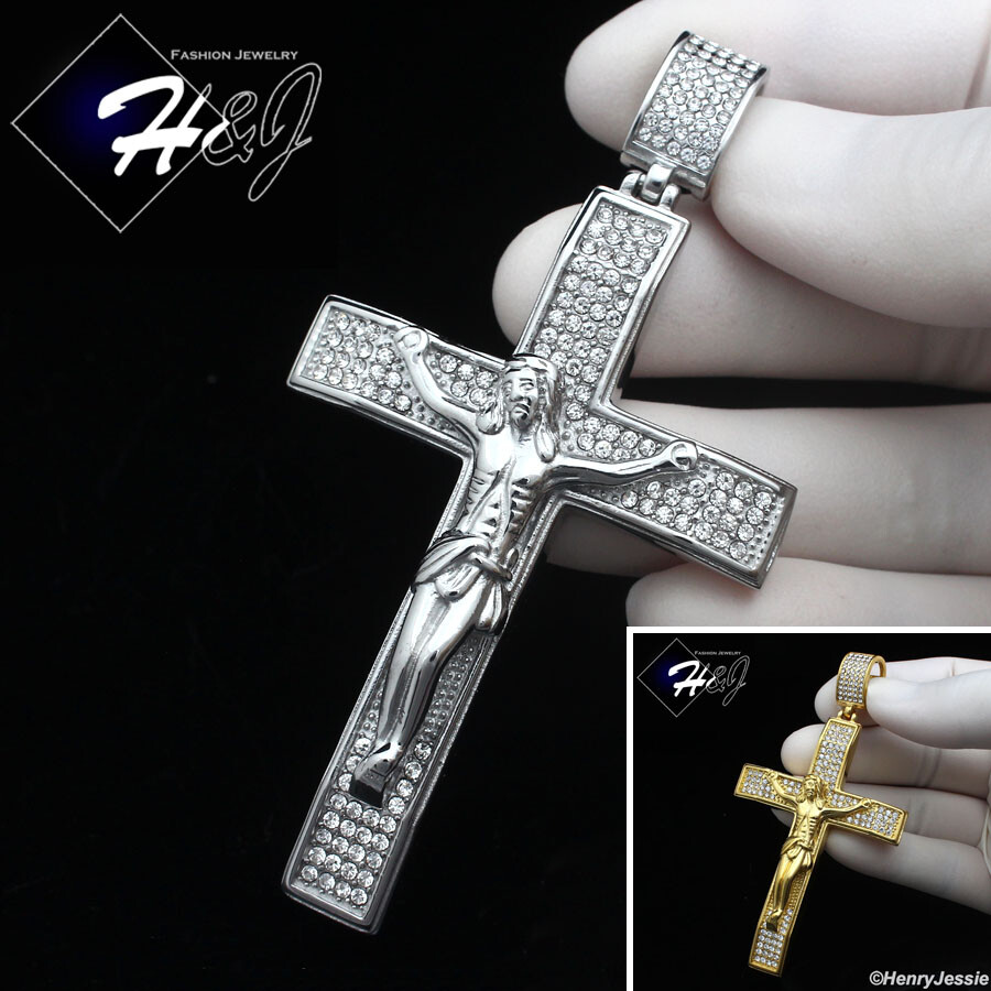 MEN STAINLESS STEEL ICY BLING CZ SILVER/GOLD PLATED BIG JESUS CROSS PENDANT*P142