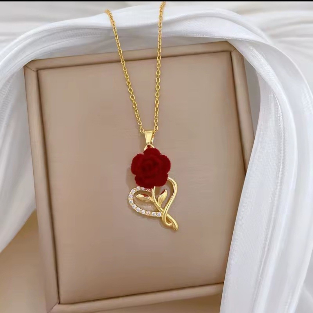 2 Yellow Gold Plated Heart Red Rose Pendant CZ Necklace 40+5cm Adjustable