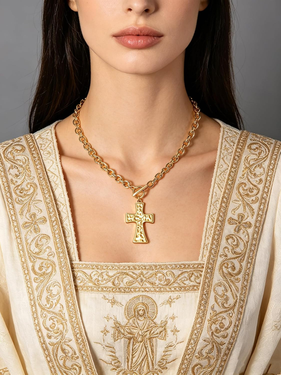 Statement Gold Necklace for Women, 14K Plated Pendant with Vintage Toggle Clasp,