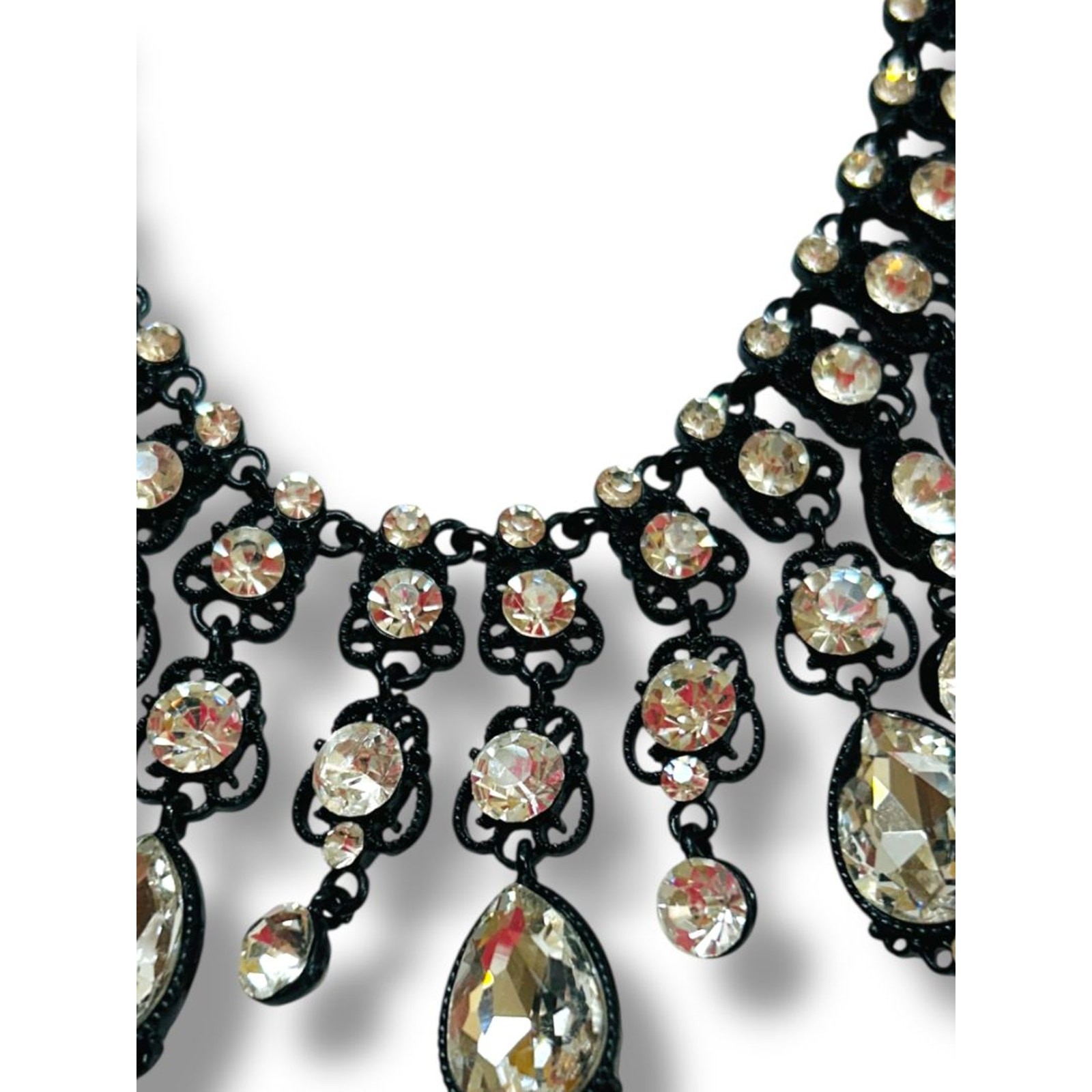 Natasha Bib Necklace Black Chain Clear Beads Sparkly 16-19″