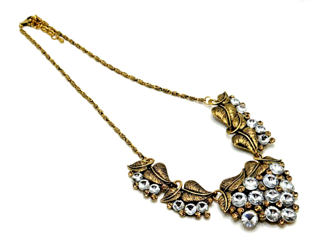 Clear Crystal Cluster Floral Bib Necklace Gold Tone Rivoli Rhinestone Statement
