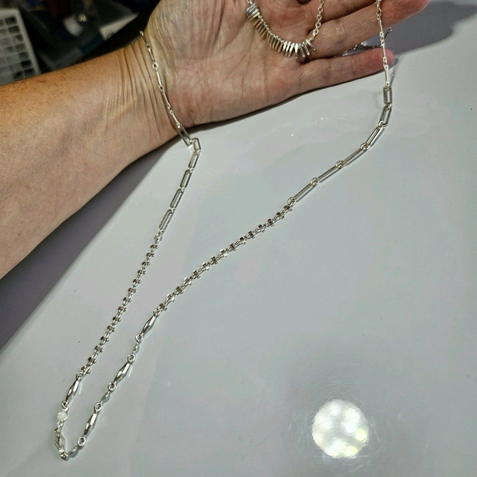 Silver Tone Long Short Layered Necklace 15/32 To 18/35″