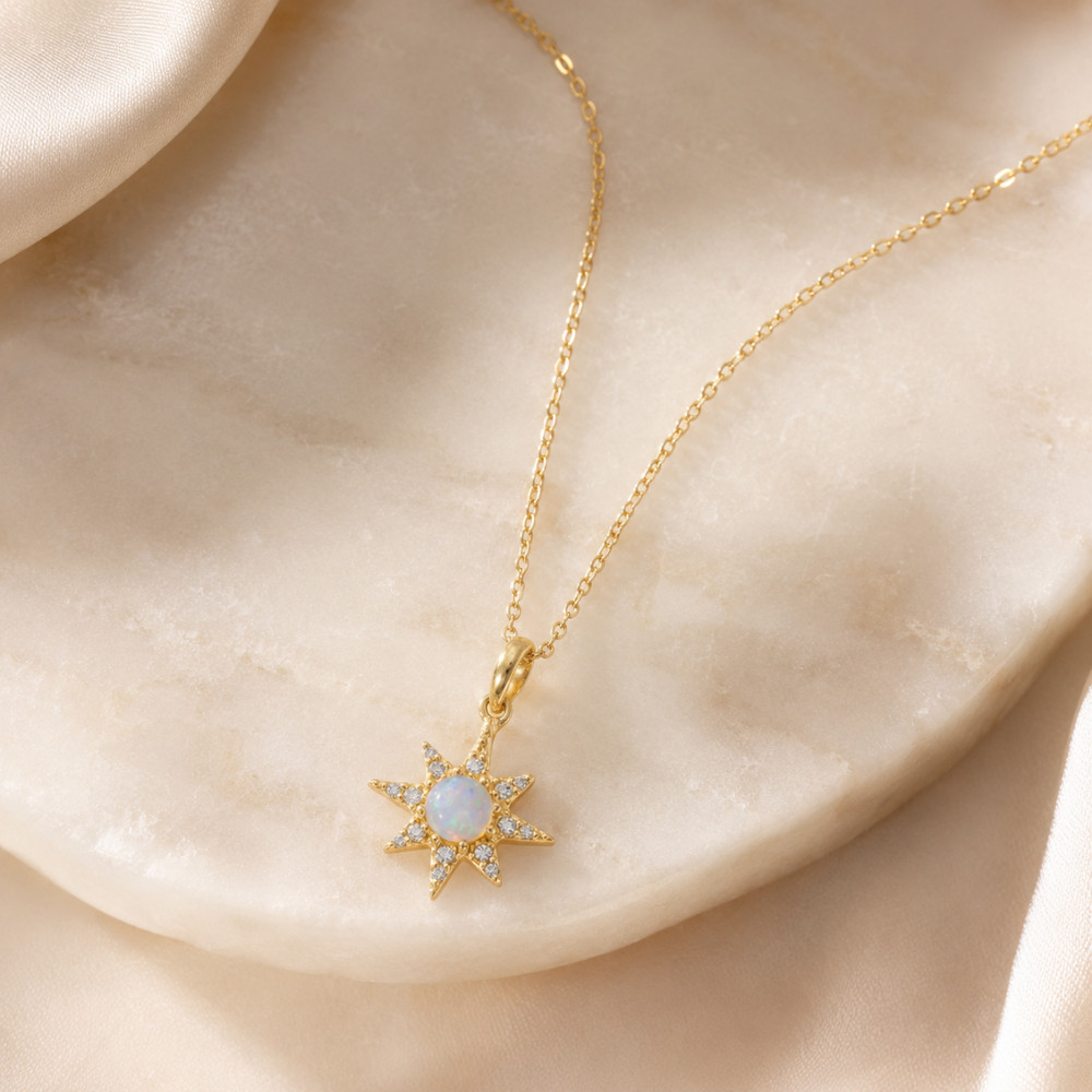 14 Karat Gold Plated CZ Star and Synthetic Opal Necklace