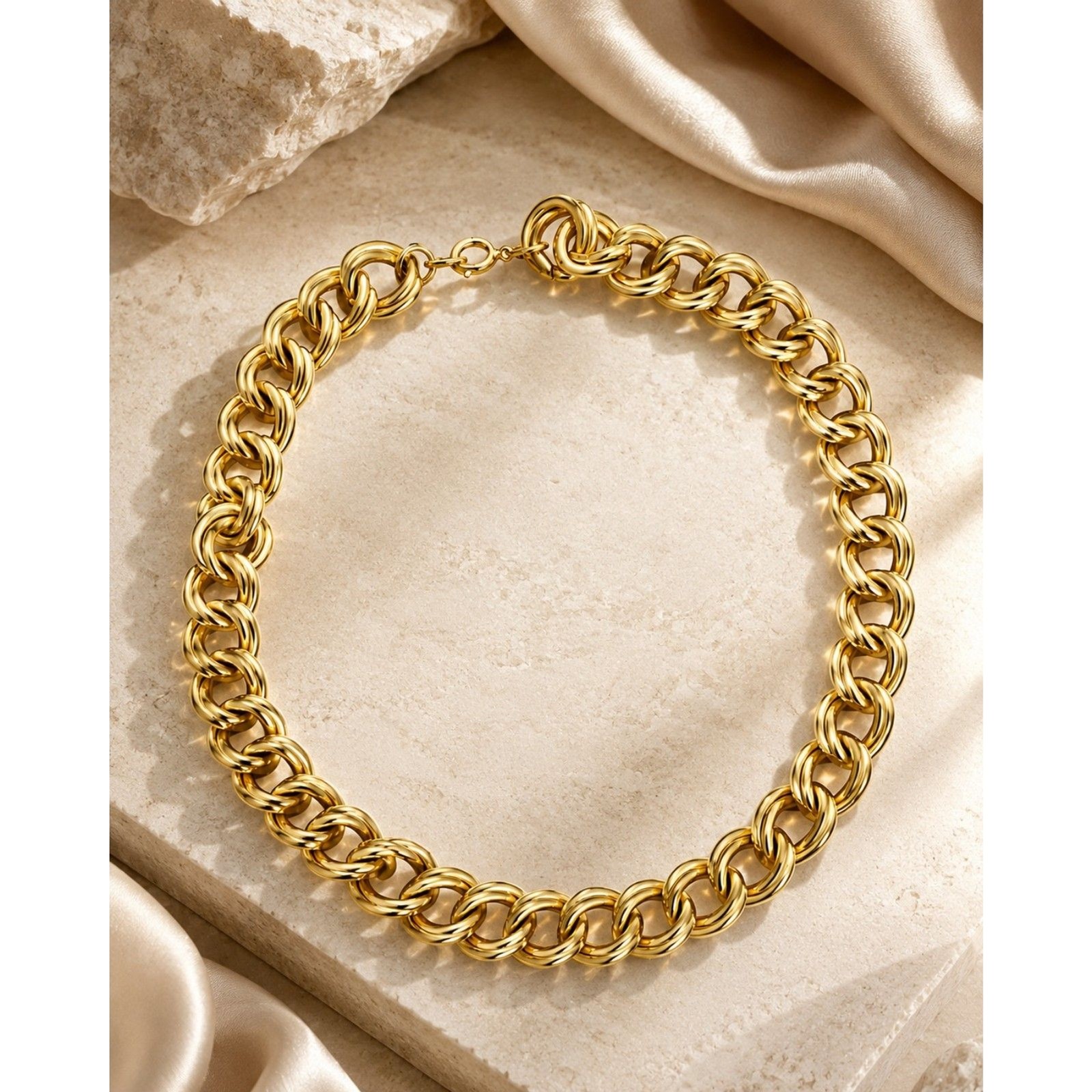 Vintage Gold Tone Chunky Link Double Chain Necklace 80s Statement Collar 18”