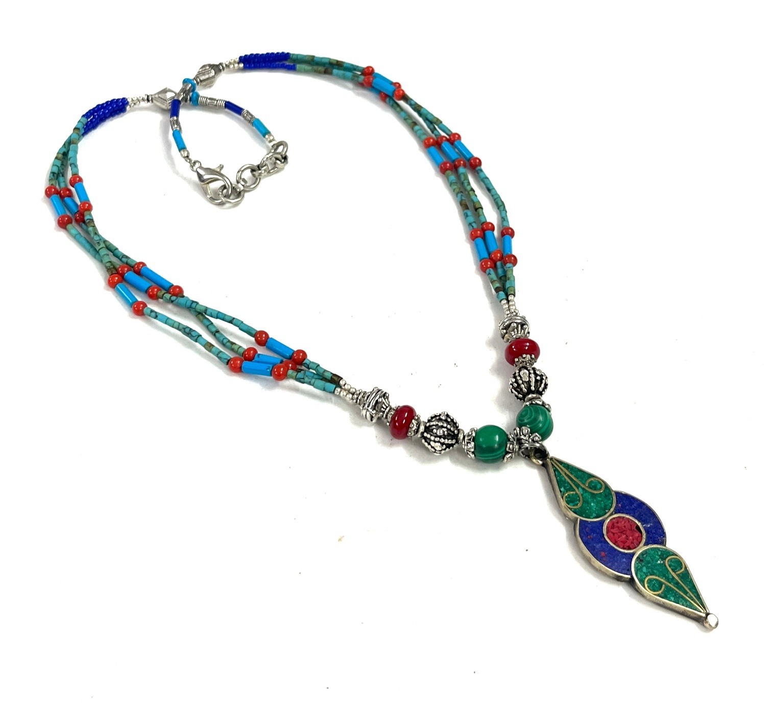 Turquoise Coral Gemstone Tibetan Bohemian Necklace Jewelry, 18 Inc Adjst