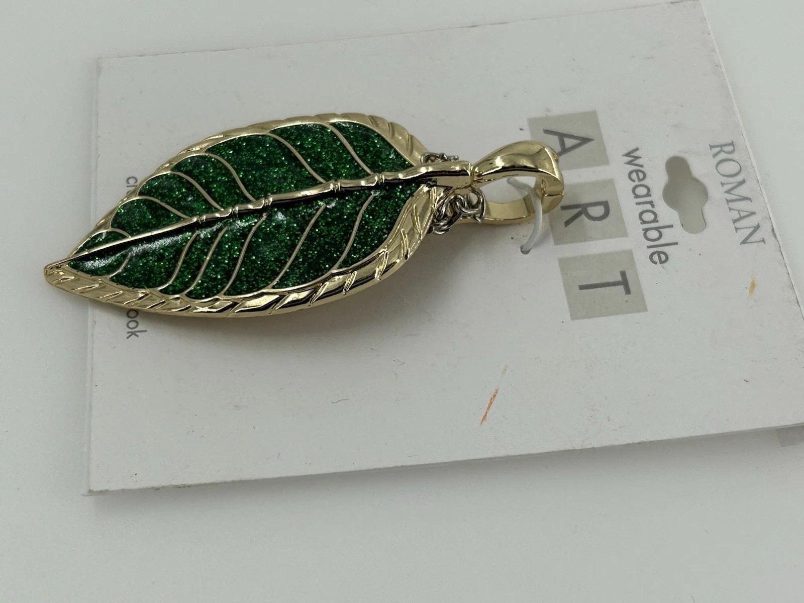Roman Wearable Art Pendant Green Glitter Enamel Gold Tone 3 Inch