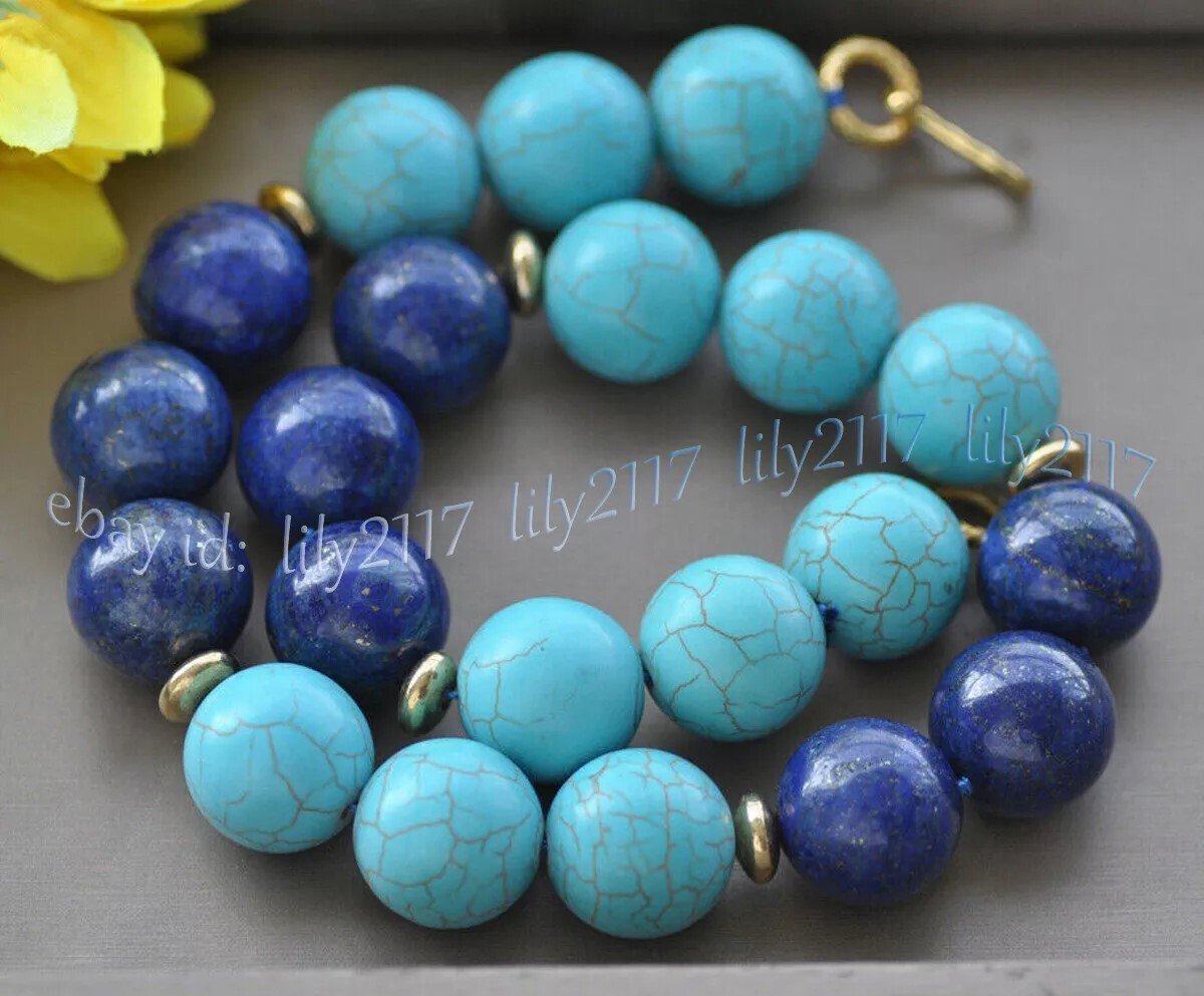 Huge 20mm Natural Blue Turquoise Lapis Lazuli Gemstone Round Beads Necklace