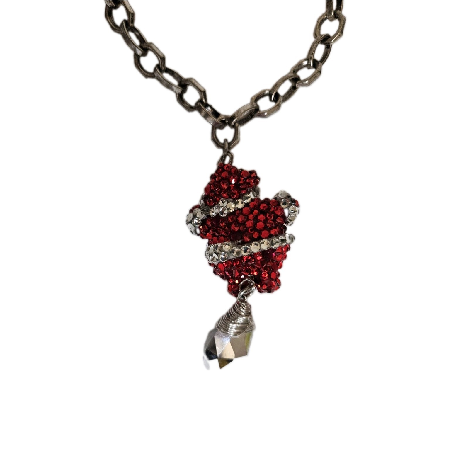 Santa necklace with red & silver rhinestones and white fur trim & crystal…