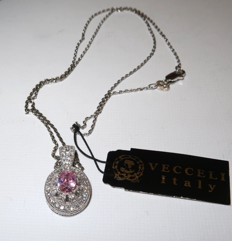 Vecceli Italy Sterling and Pink and Clear CZ Necklace