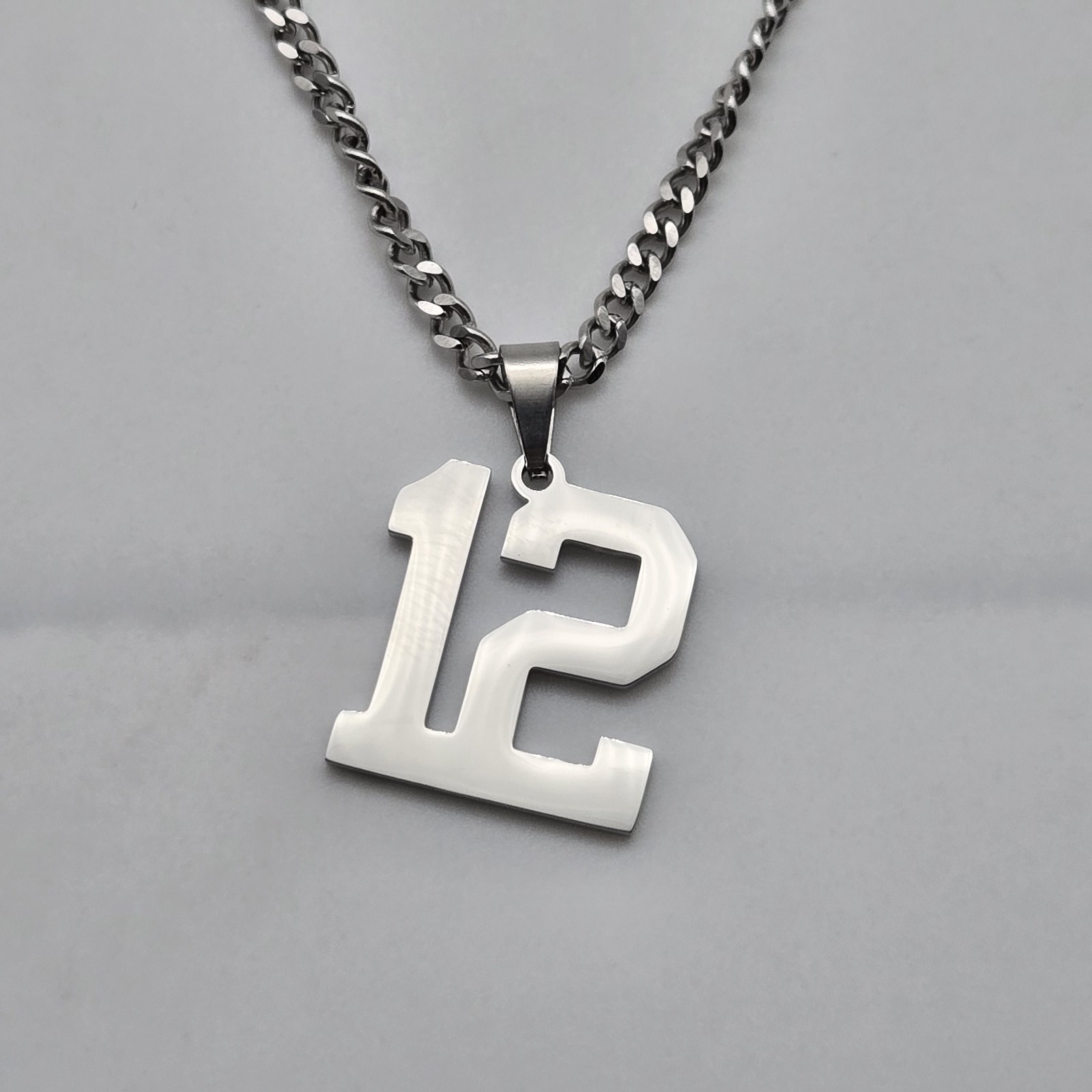 #12 BASEBALL FOOTBALL NUMBER Pendant Charm / 20″-24″ STAINLESS CHAIN NECKLACE