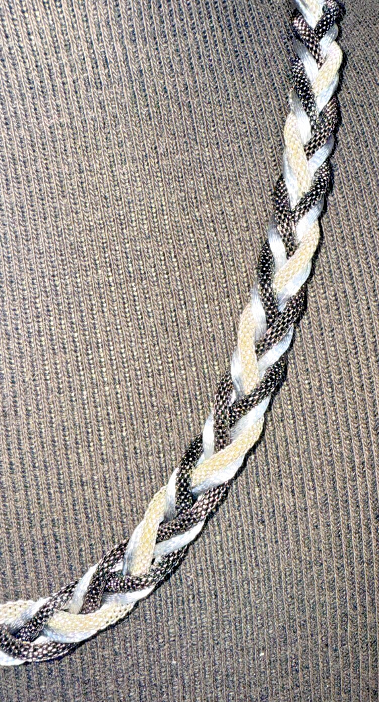 Braided Mesh Rope Necklaces Black & Silver Metal Clamp Round Satin Silk Material