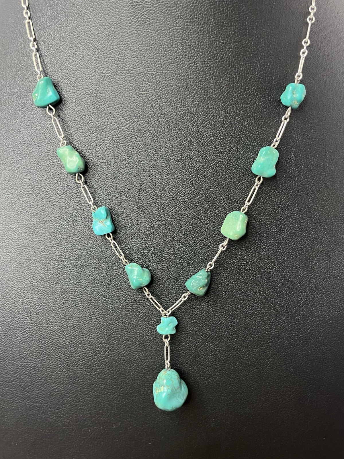 Vintage Turquoise Stone Silver Toned Paperclip Necklace 12-16 In Adjustable