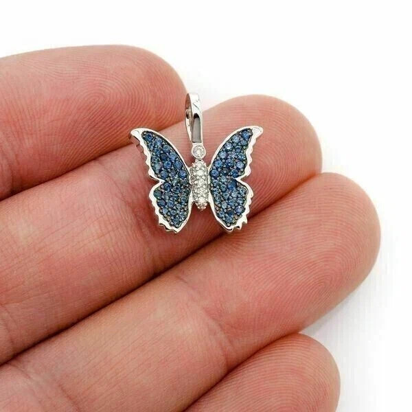 14K White Gold Plated 1Ct Simulated London Blue Topaz Butterfly Pendant 18″Chain