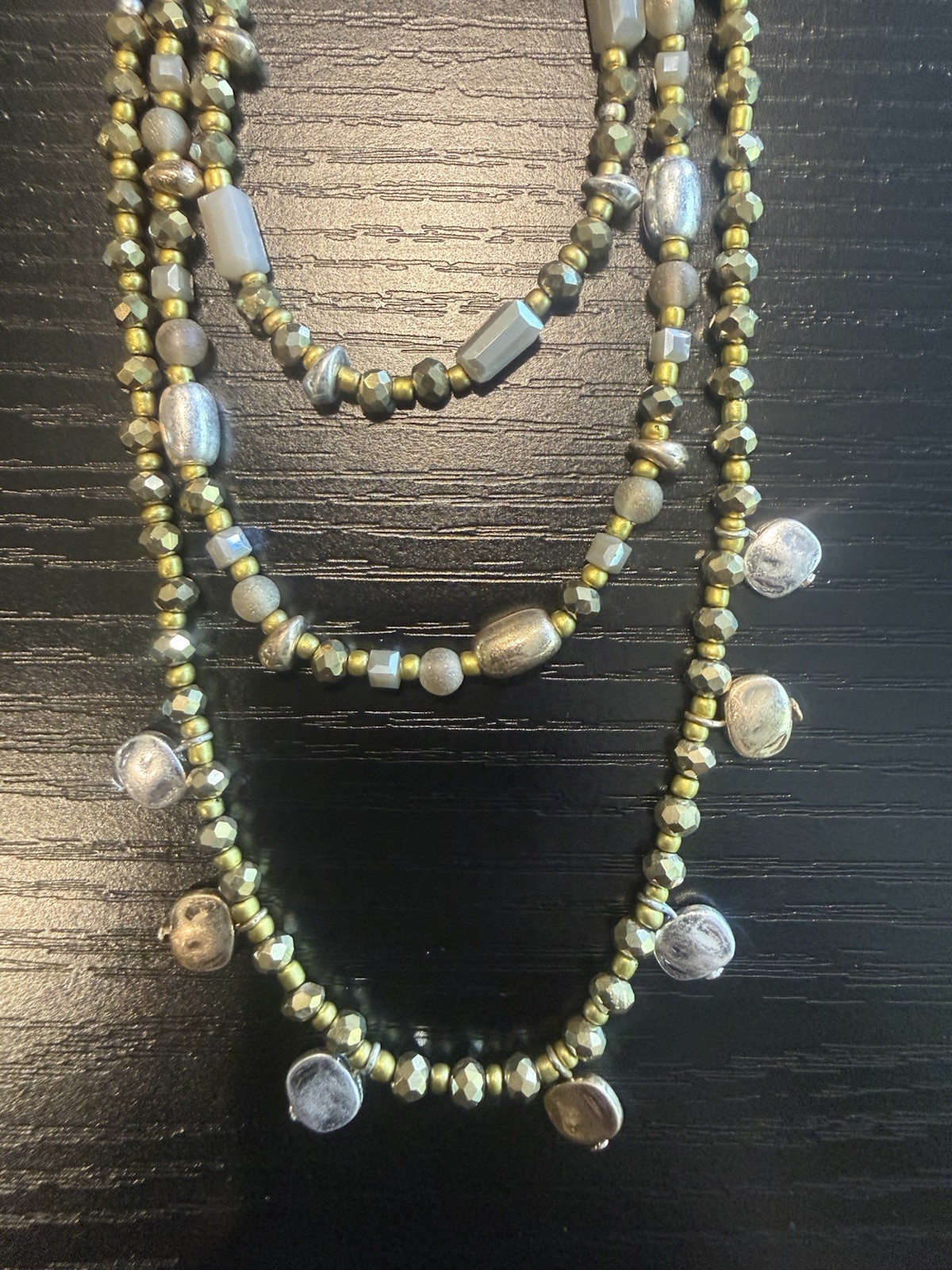 Signed Park Lane Triple Strand Blue Gray Gold Beaded Statement Necklace PL