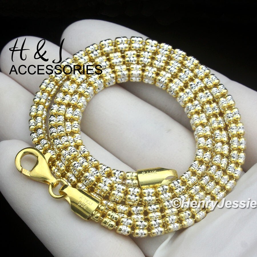 925 STERLING SILVER 24″X4MM GOLD PLATED 2-TONE DIAMOND-CUT ICE LINK NECKLACE*A23