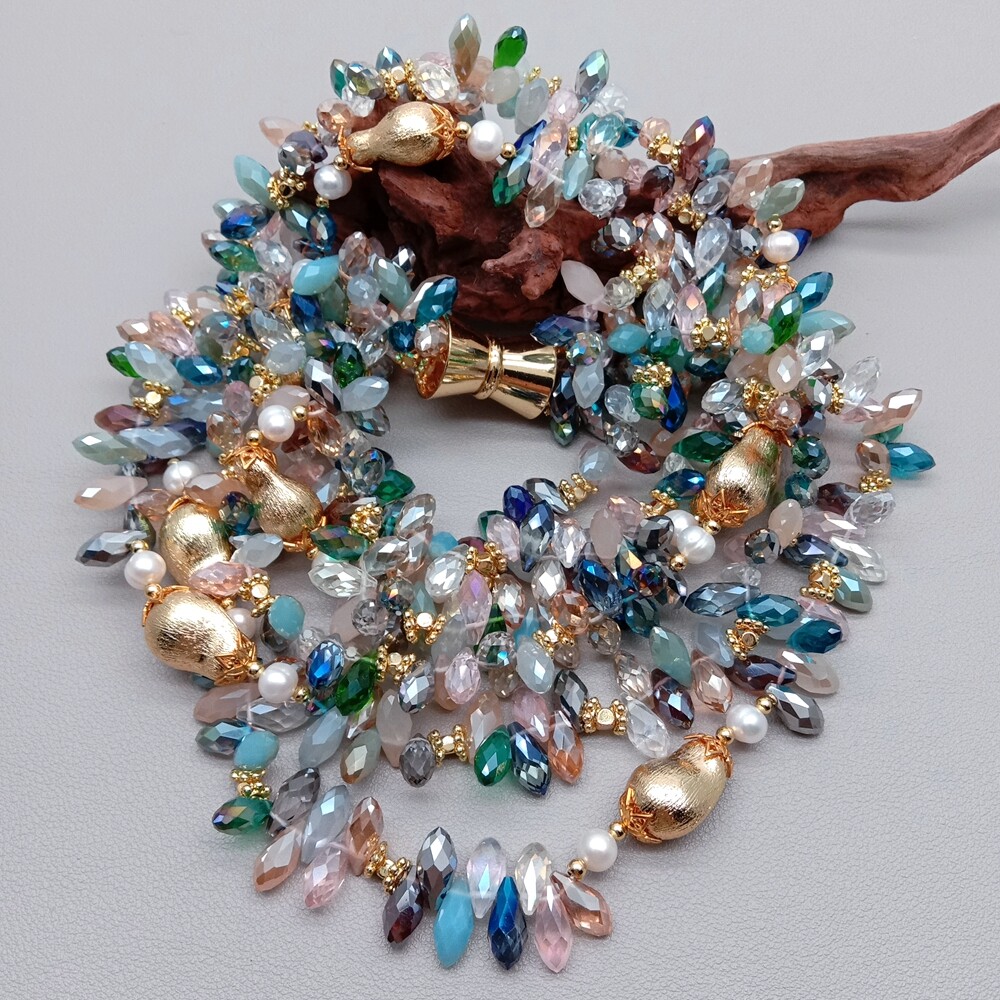 3 Strands Cultured White Pearl Multi Color Crystal Statement Necklace