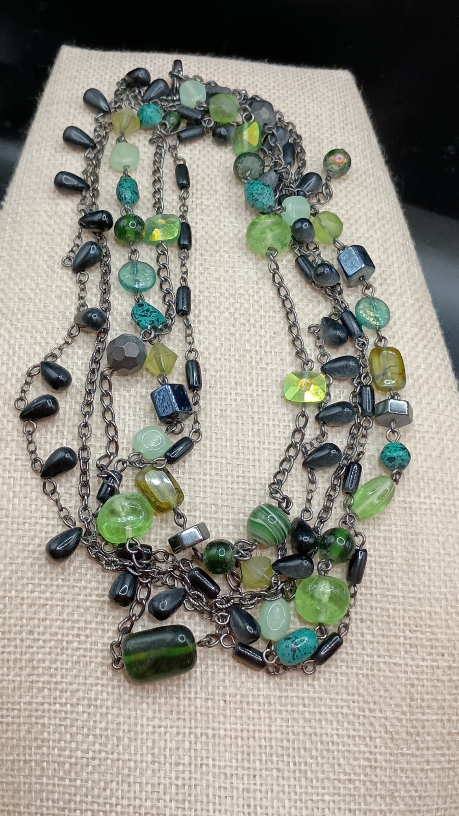 Lia Sophia Herb Garden Necklace Multistrand Green Blue Glass Hematite 17-20″