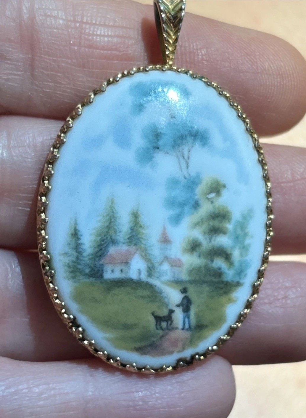 Vintage Pendant Porcelain Hand Painted Scene Boy & Dog Kaiser West Germany