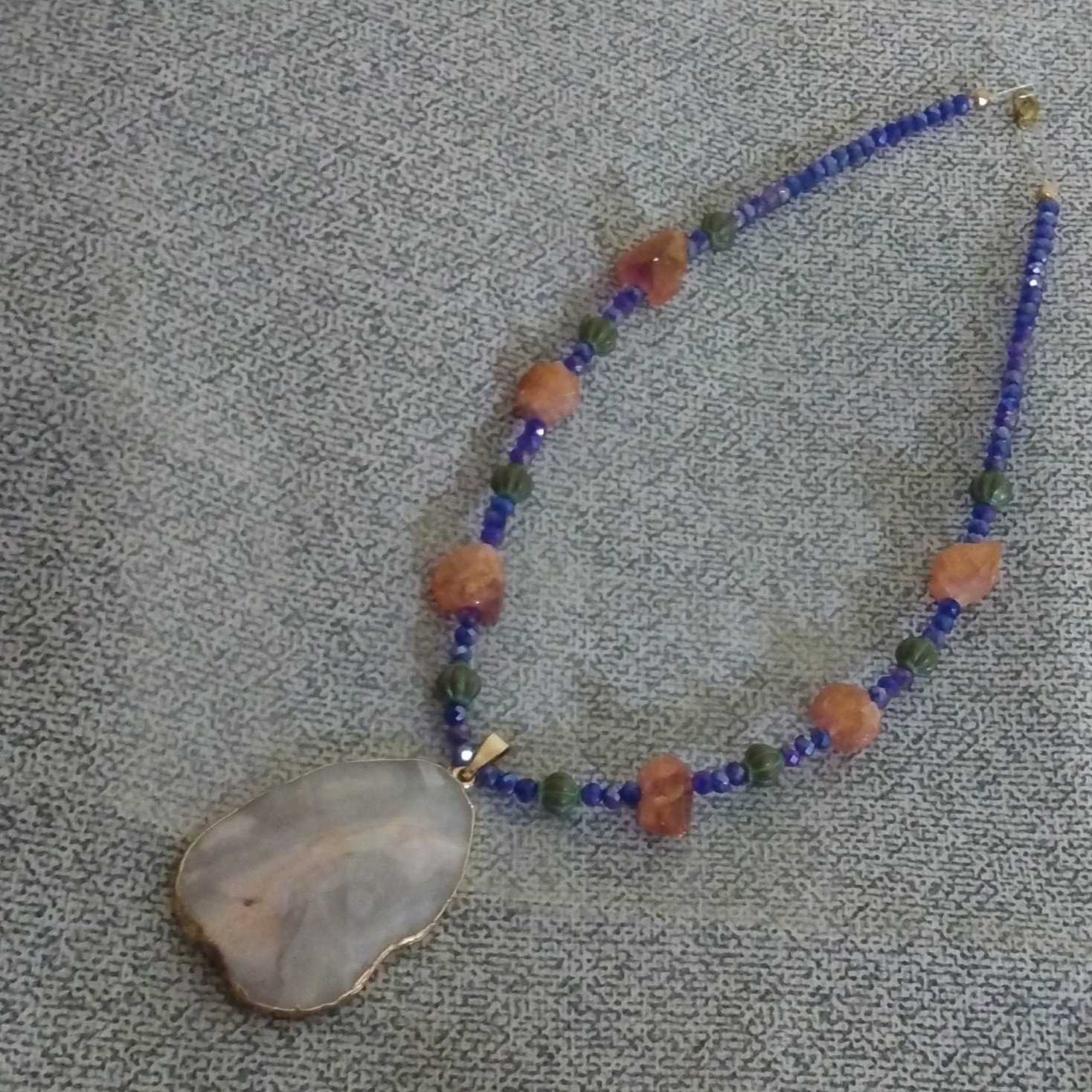 Multicolor Glass Beaded Pendant Necklace White Agate Charm Lobster Clasp