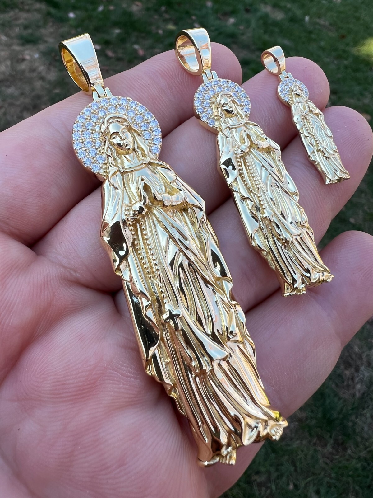 Real MOISSANITE 925 Silver 14k Gold Plated Virgin Mary Pendant Iced Necklace