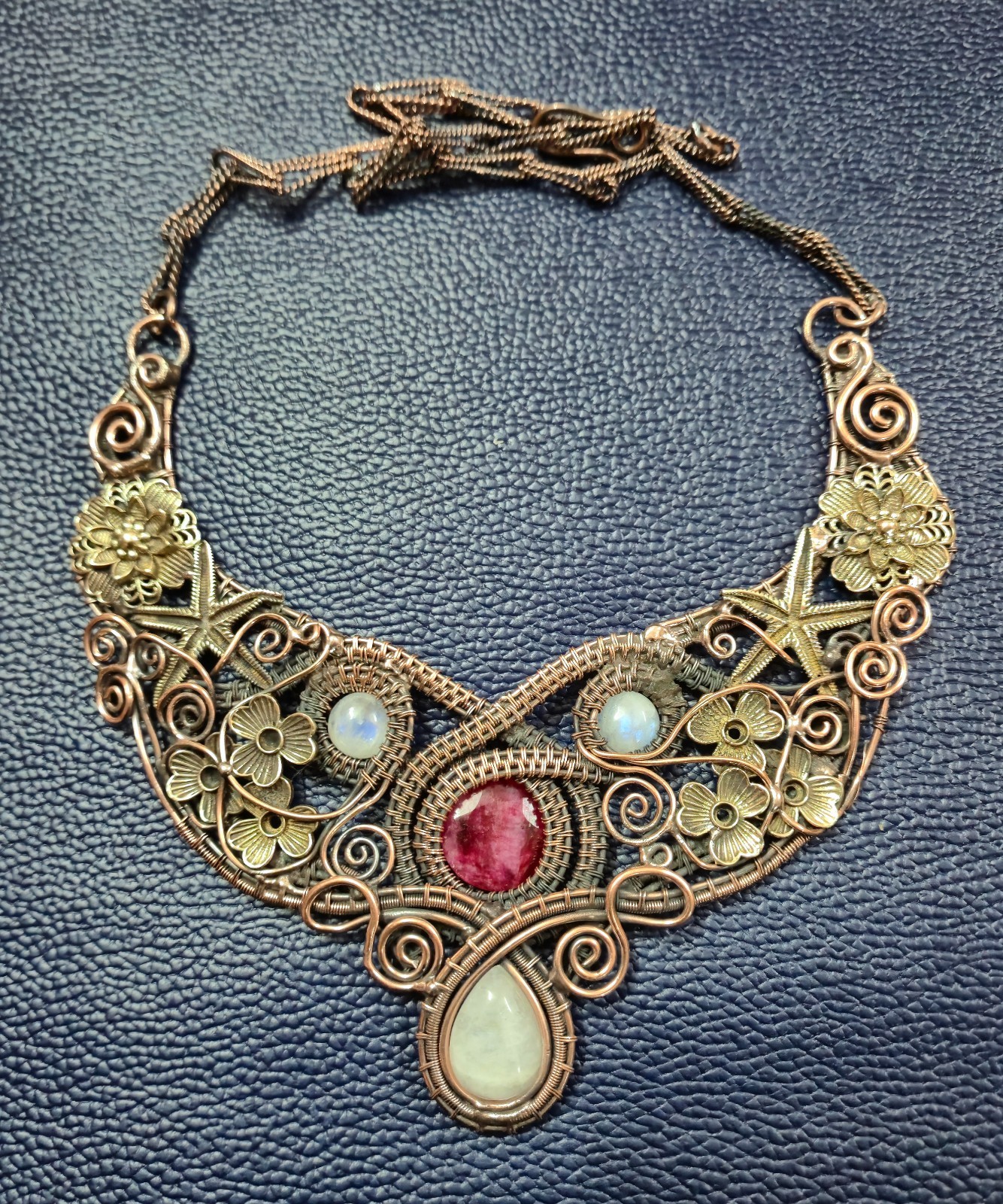 Faceted Kashmir Ruby & Moonstone Necklace Copper Wire Wrapped Necklace Jewelry
