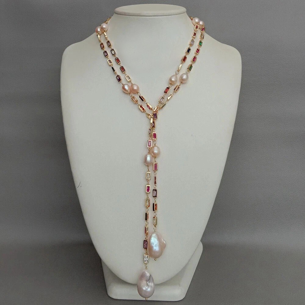 Cultured Pink Keshi Pearl Mixed Color Rectangle Cz Pave Long Chain Necklace 50″