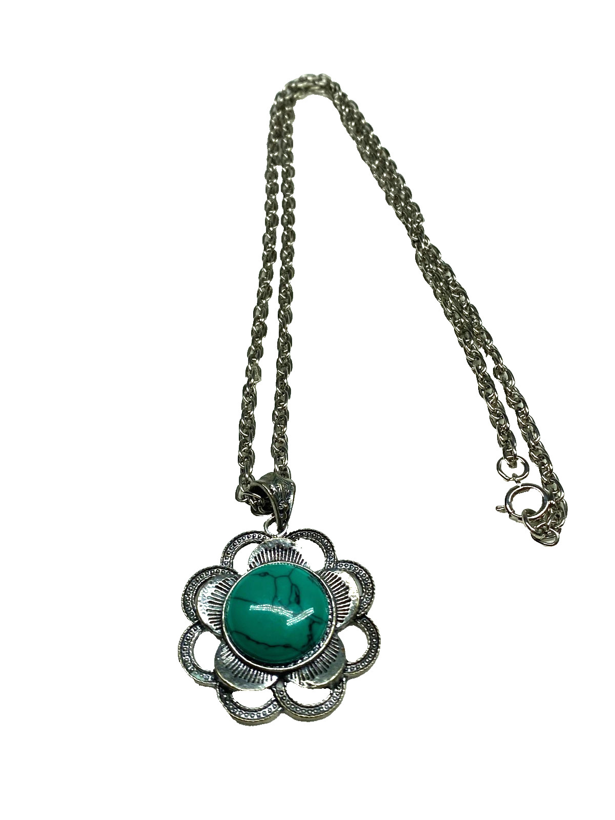 Floral Shape Tibetan Silver Faux Green Turquoise Necklace 26″ Long Spring Close