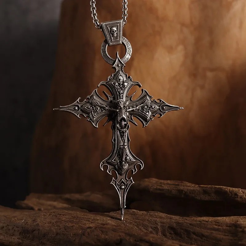 Gothic Skull Cross Pendant Necklace Jesus Crucifix Punk Catholic Jewelry