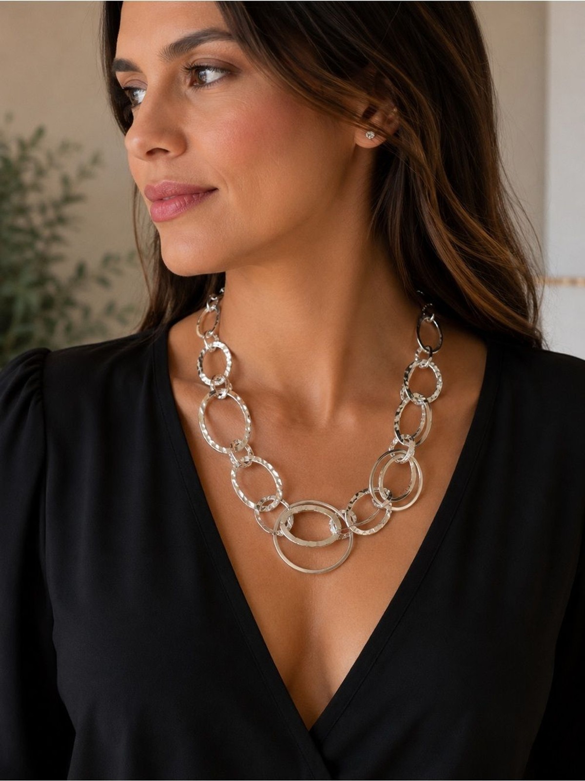 Silver Tone Interlocking Oval Circle Statement Necklace | Modern Chunky Link Fas