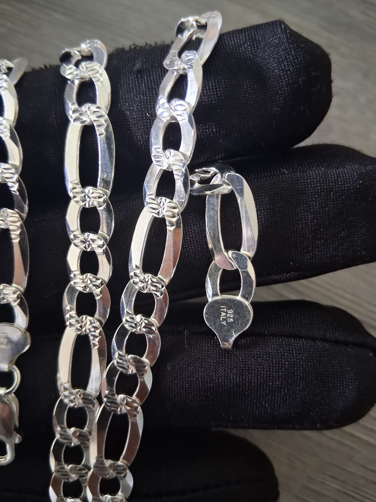 cadena stilo figaro plata 925 corte diamante 24″ larga 7.8mm anchor,