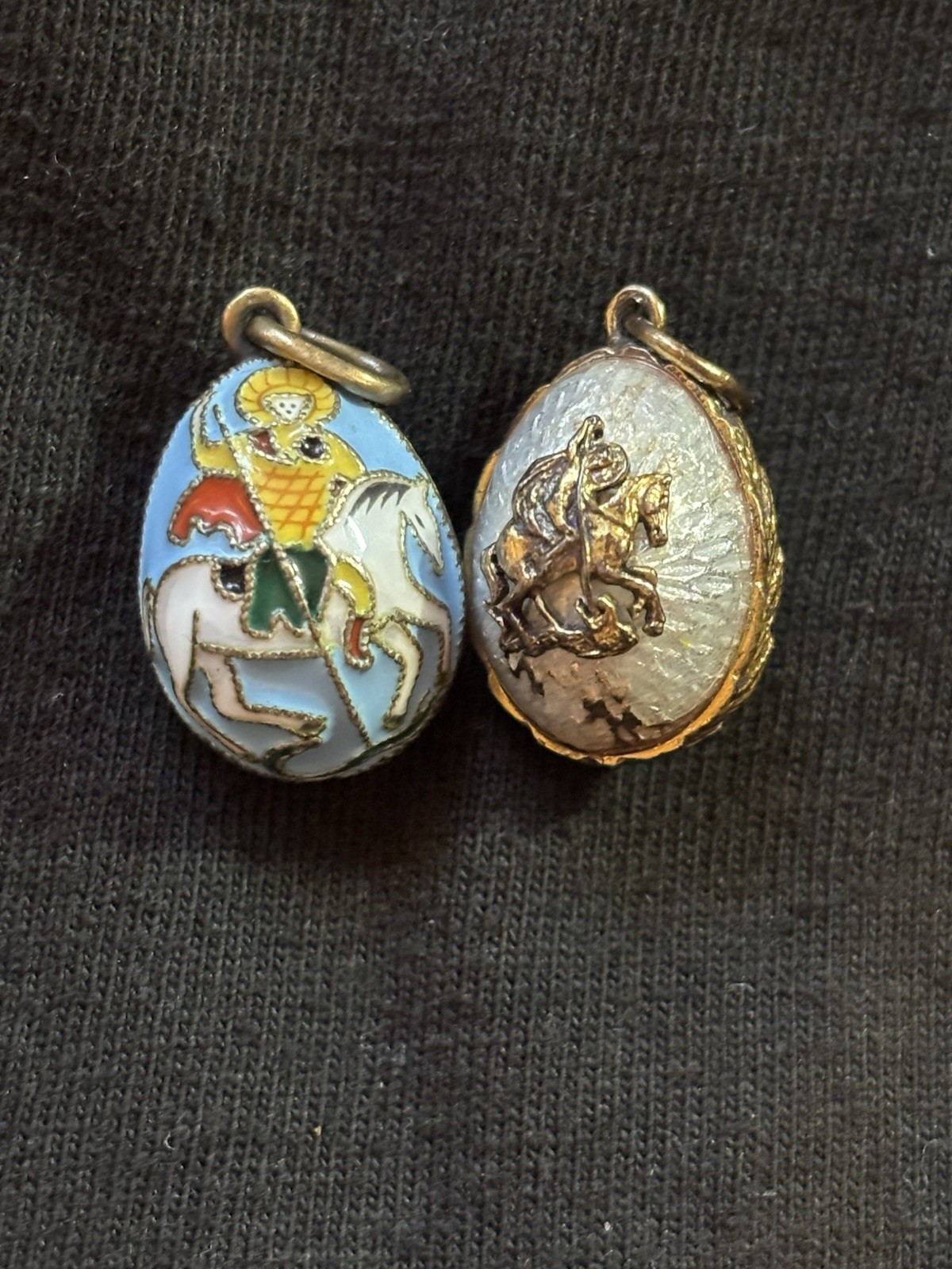 Gold Tone Oval Religious Enamel Pendant Charm Blue White Bezel Double Sided