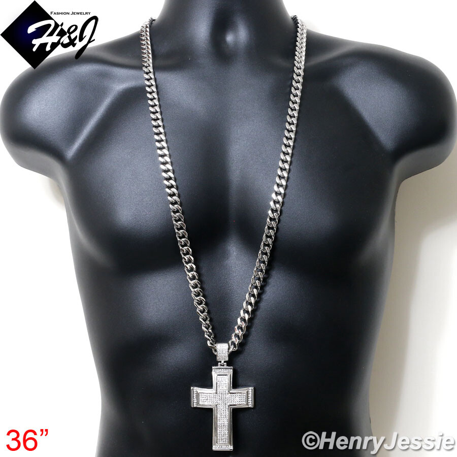 18″-40″MEN Stainless Steel 9mm Silver Cuban Curb Chain BIG CZ Cross Pendant*IP20