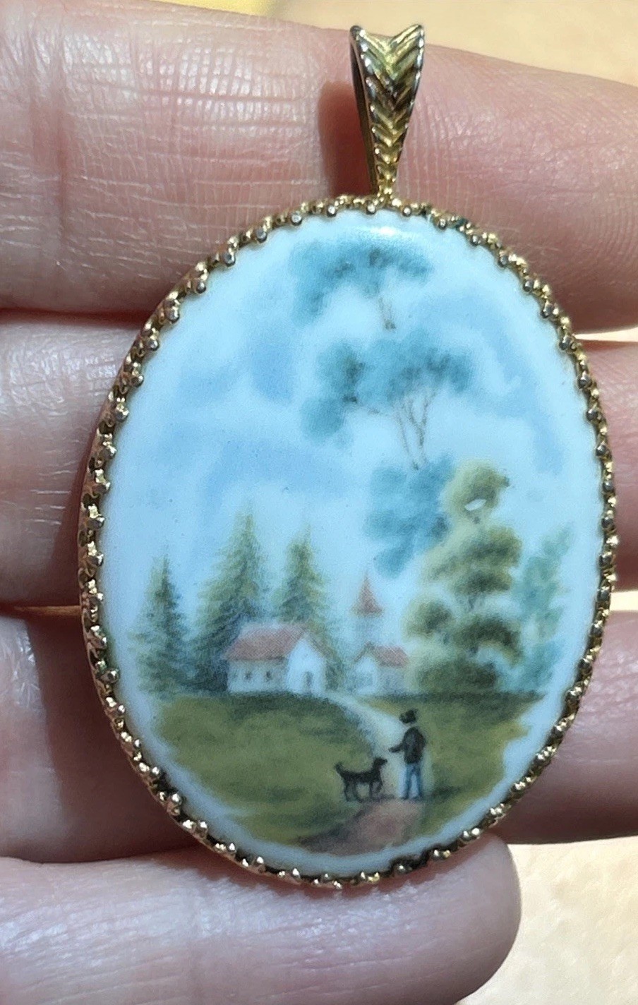 Vintage Pendant Porcelain Hand Painted Scene Boy & Dog Kaiser West Germany