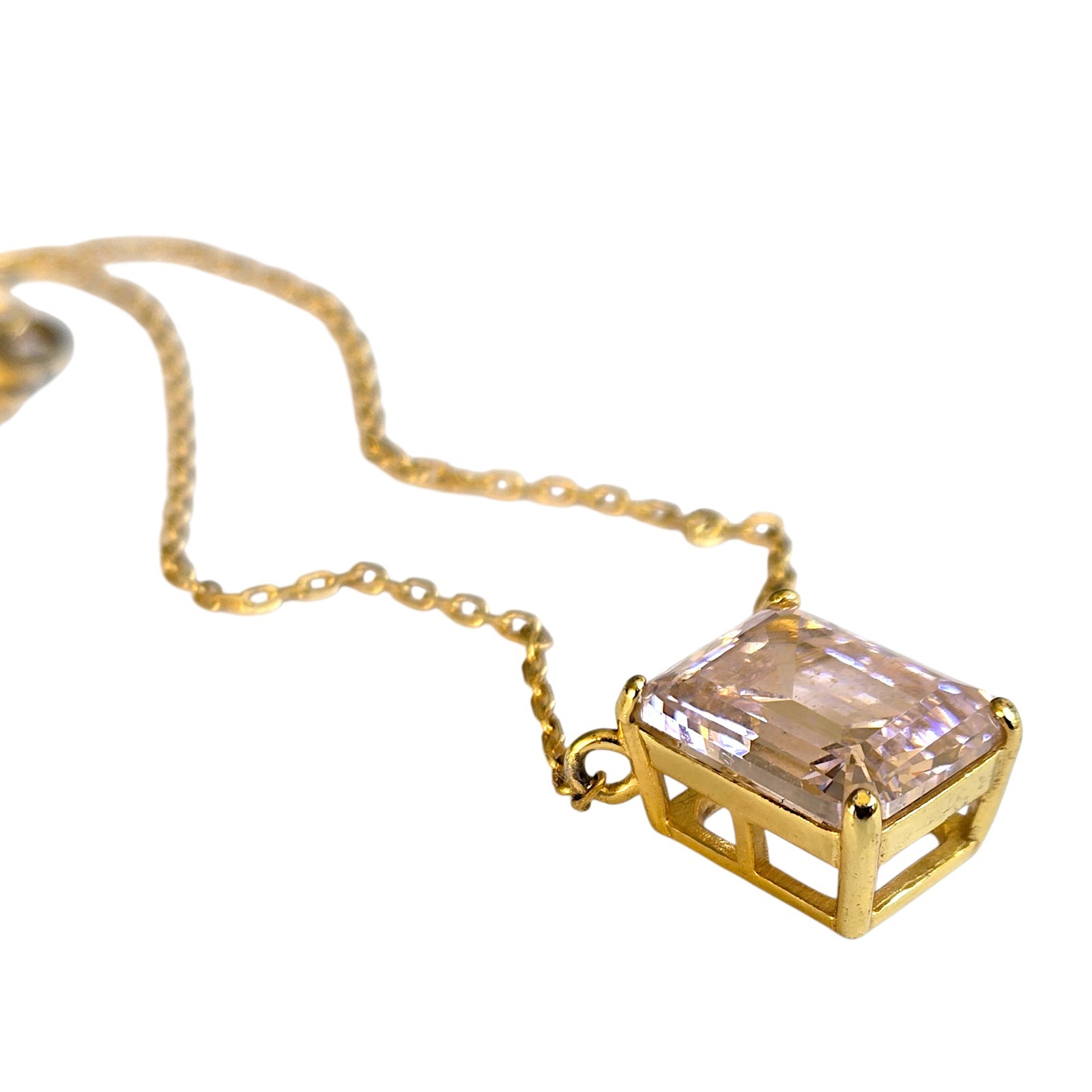 Gold Cake 925 Sterling Silver Pink CZ Emerald Cut Necklace Gold Plated 17″-20″