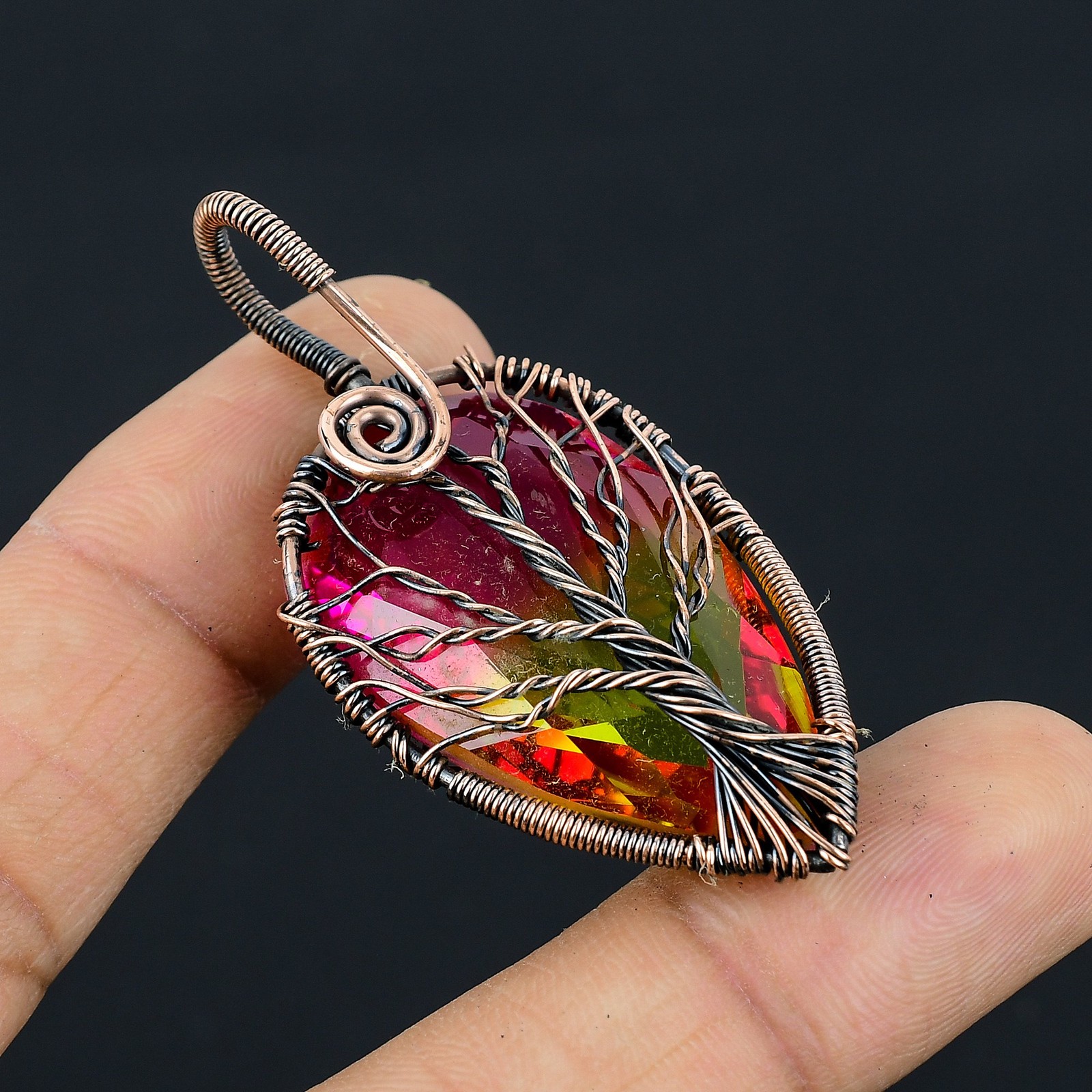 Bi Color Tourmaline Gemstone Copper Wire Wrap Jewely Pendant 2.4″ N053
