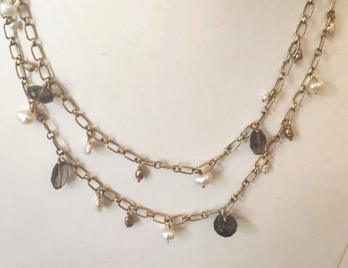 14k Gold Filled Paper Clip Chain Pearl Purple Glass Bead Accents Opera Length