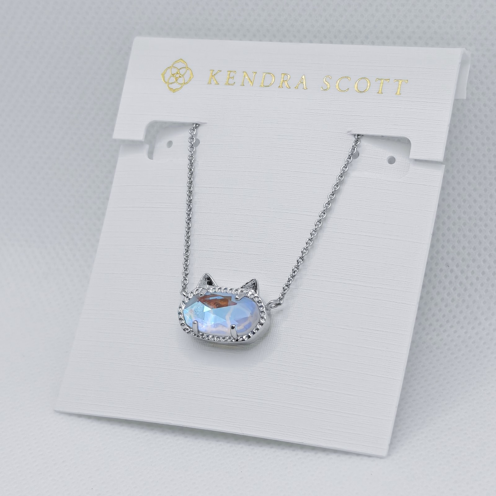 New Kendra Scott Elisa Silver Cat Kitty Pendant Necklace In Dichroic Glass