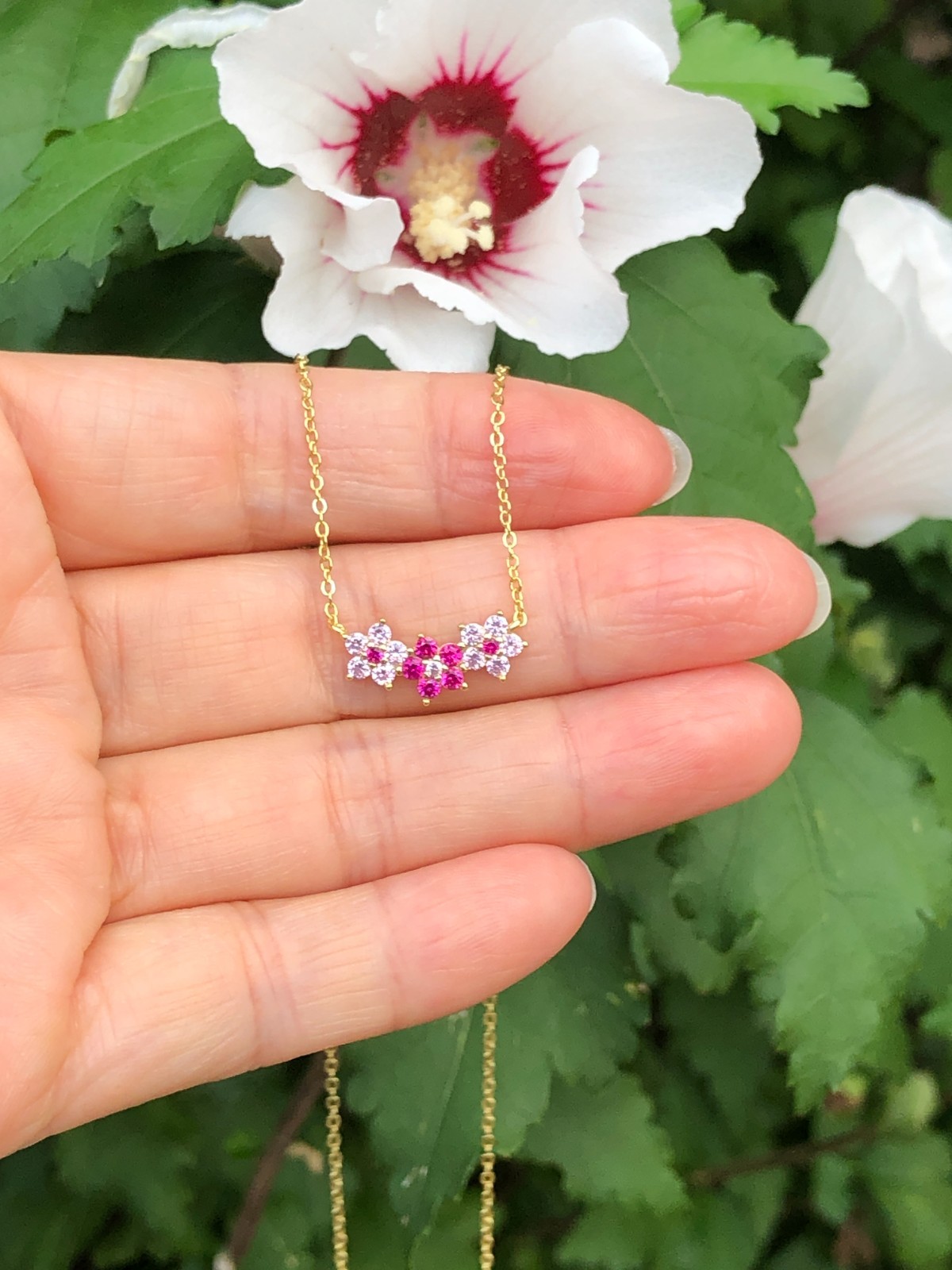 925 Sterling Silver CZ Pink Flower Pendant Gold Necklace Three Flower 16mm 17.5″
