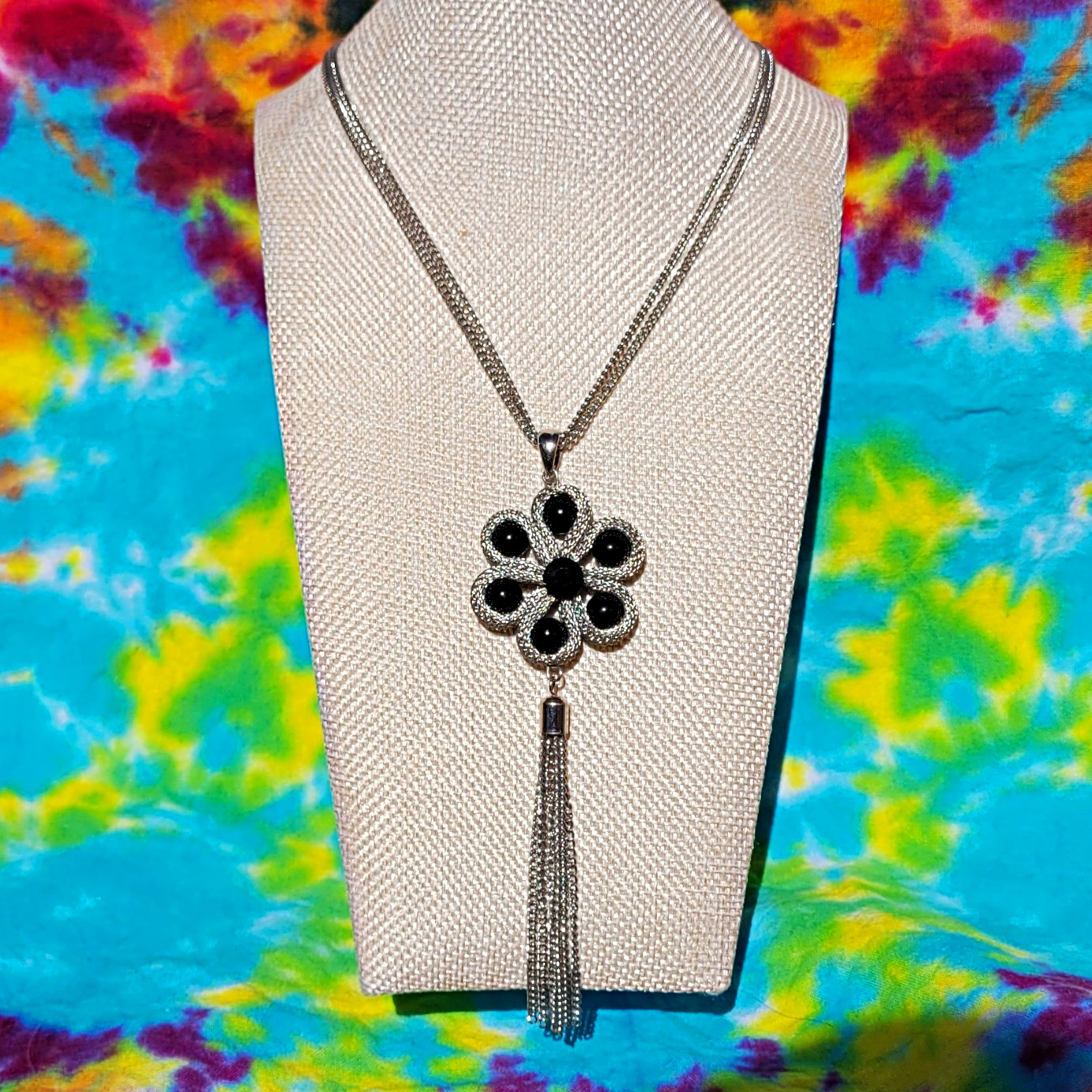 Silver Tone Metal Flower Pendant Tassel Necklace, Black Round Stones, Adjustable