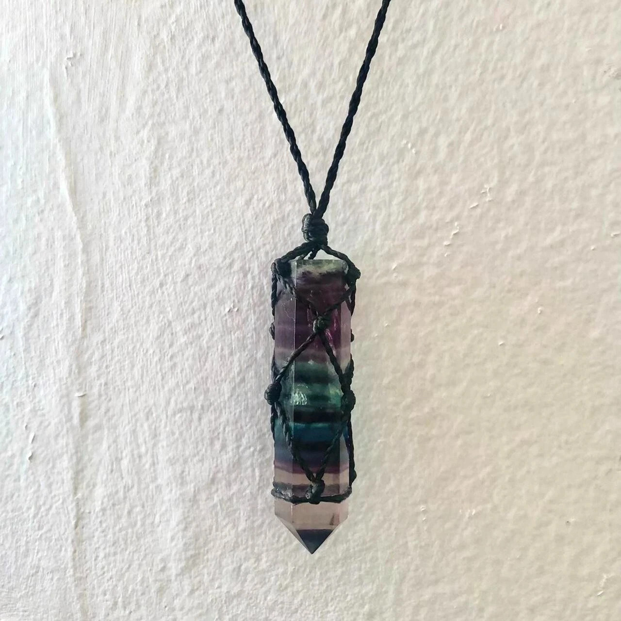 Natural Rainbow Fluorite Stone Obelisk Pendant Necklace Wrap Crystal Necklace