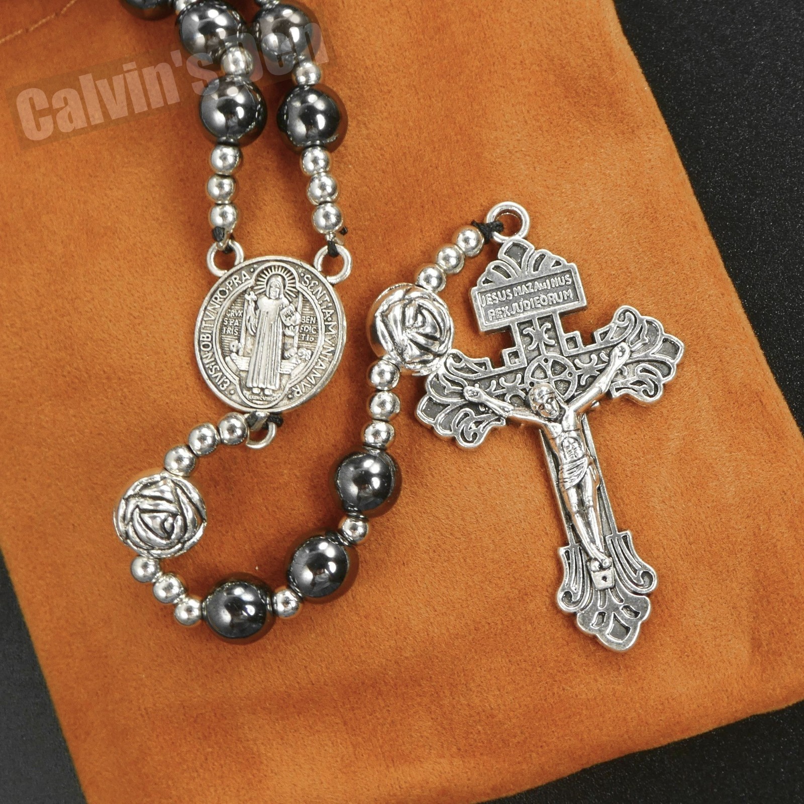 St Benedict Rosary Necklace Black Hematite Bead Five Decade Crucifix Cross Gift
