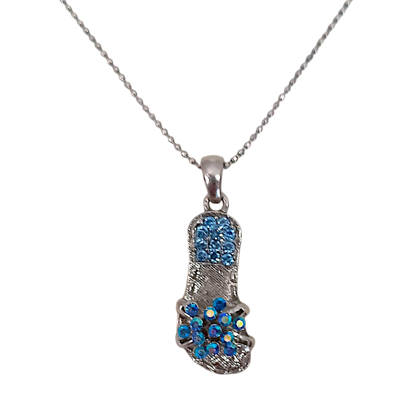 Vtg Blue Rhinestone Flip Flop Pendant Necklace Beach Coastal Y2K Silver Tone