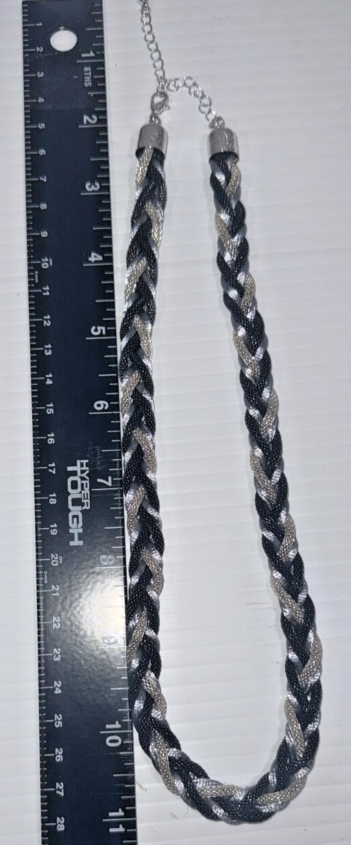 Braided Mesh Rope Necklaces Black & Silver Metal Clamp Round Satin Silk Material