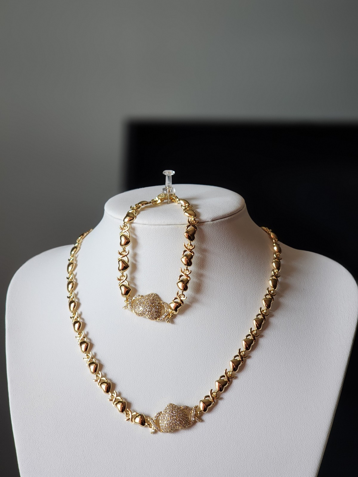 Gold Heart Necklace for Women – 14K Gold Plated Necklace and Bracelet With Stone