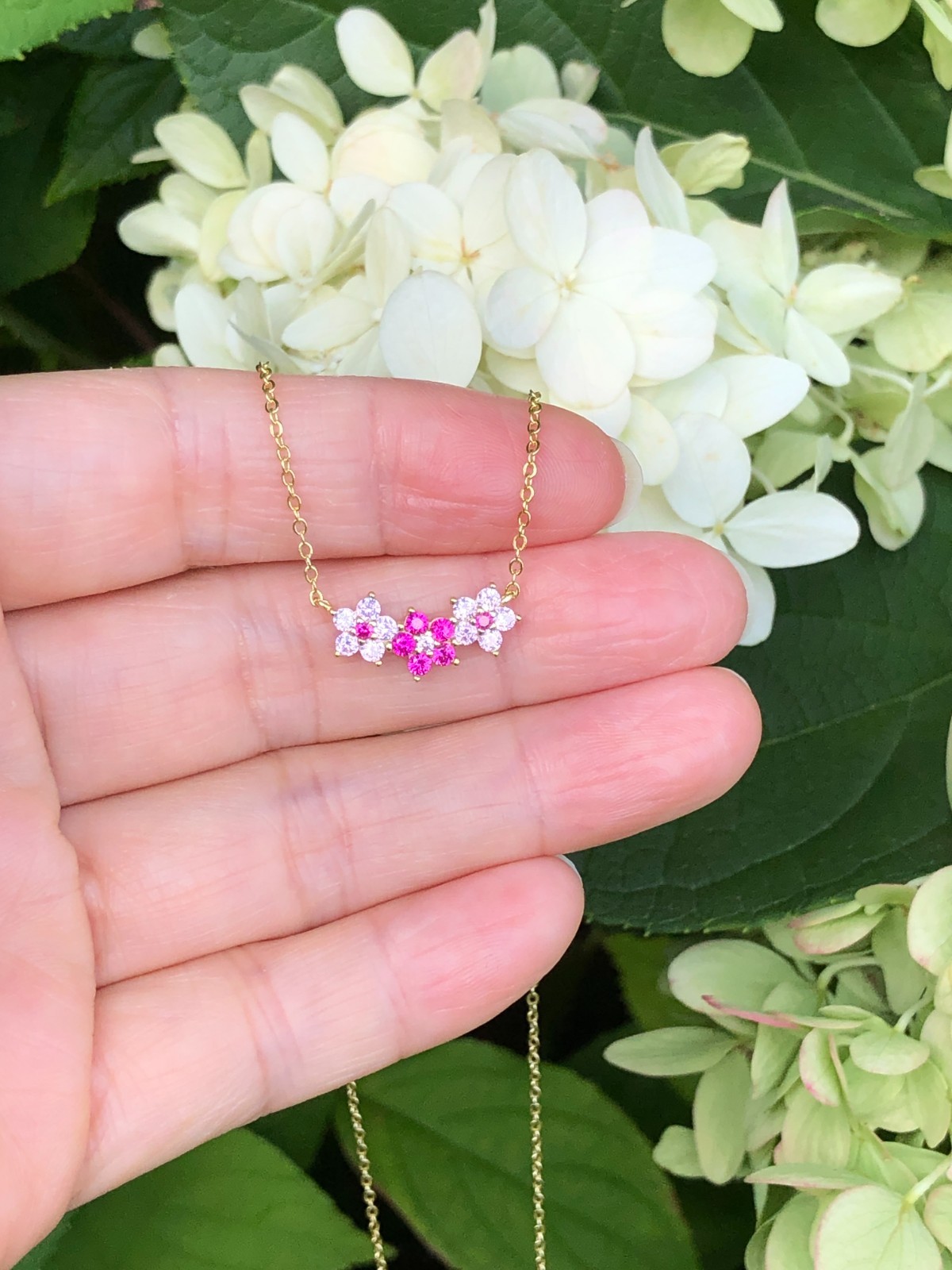 925 Sterling Silver CZ Pink Flower Pendant Gold Necklace Three Flower 16mm 17.5″